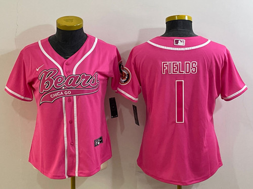 Women's Chicago Bears #1 Justin Fields Pink With Patch Cool Base Stitched Baseball Jersey(Run Small)
